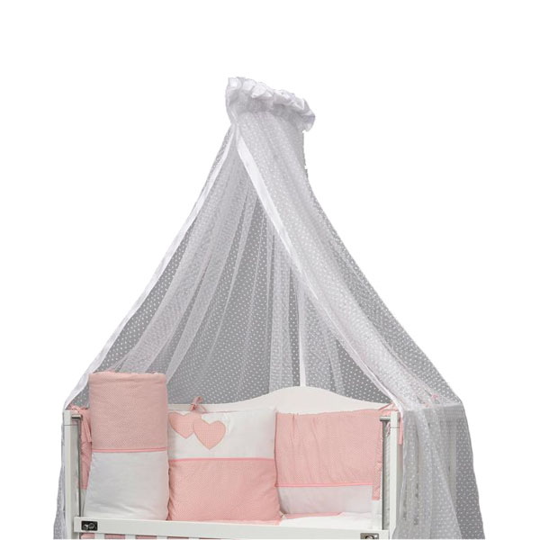 گهواره و تخت کنار مادر با چوب کرمی و سرویس پارچه ای سفید- صورتی توپ توپی هلورک Heloorc